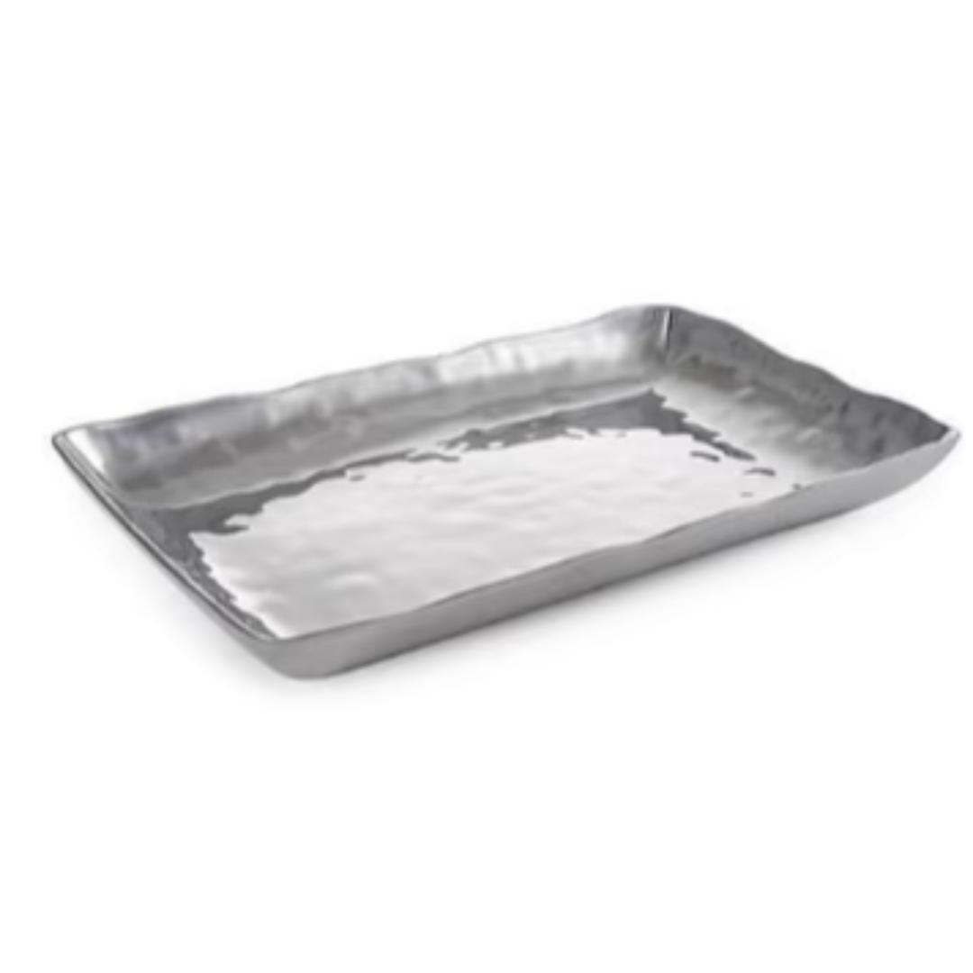 The Beatriz Ball Soho Rectangle Pennsylvania Platter is a shallow aluminum alloy tray with gently raised, wavy edges and a hammered texture—ideal among oven-to-table serveware.