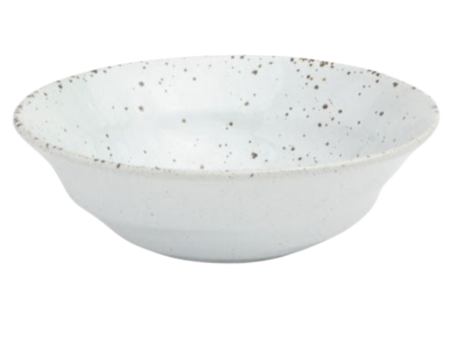 The Marcus Dinnerware - White Salt Glaze by Blue Pheasant is a set of 4 white ceramic bowls with a shallow, slightly flared rim and brown speckled pattern, shown empty against a plain white background.
