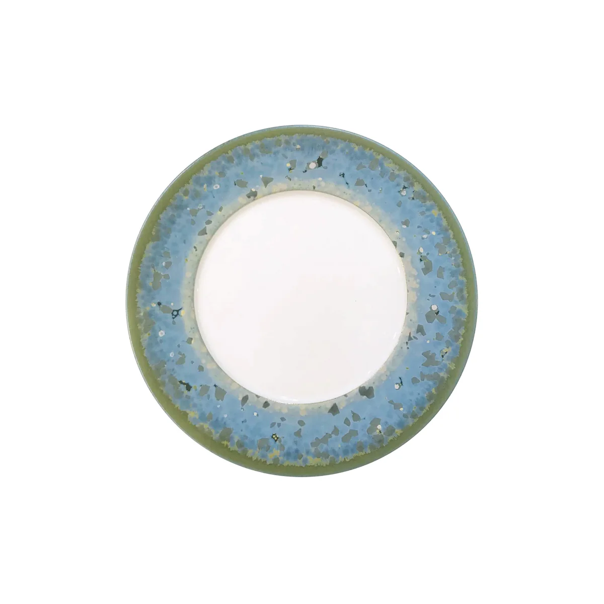 Top view of a round Jaune De Chrome Nymphea Dinnerware plate, made in France, featuring a wide textured blue and green rim with a plain white center on a white background.