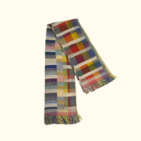 The Lexi Handwoven Throw by Threads Soft Goods features a vibrant plaid design in red, blue, yellow, green, and beige merino wool with fringed ends, displayed on a light background.