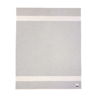 The Siempre Recycled Alpaca Throw by Blacksaw is a light gray rectangular blanket with two horizontal white stripes near the edges and a small white label in one corner.