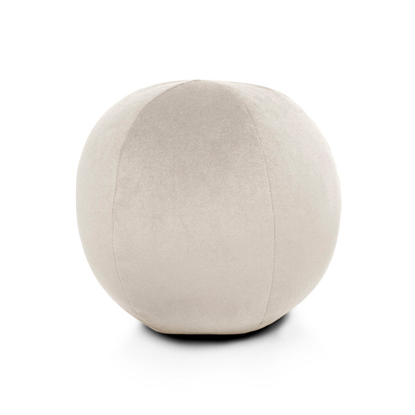 The Posh Round Pillow 12″D by D.V. KAP / Canaan Company features sculptural softness and a smooth, seamless light beige fabric, displayed against a plain white background.