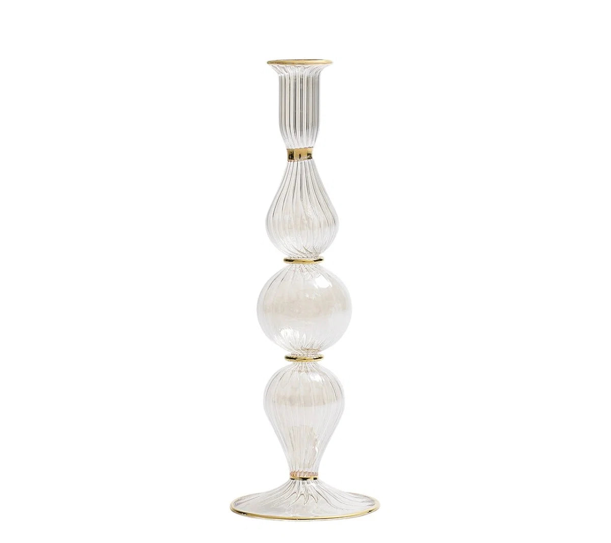 The Ripple Candle Holder - Clear by Kim Seybert is a tall, hand-blown glass candlestick holder with gold accents and a ribbed texture. It features three distinct rounded and elongated sections stacked vertically, offering a refined touch of iridescent luster.