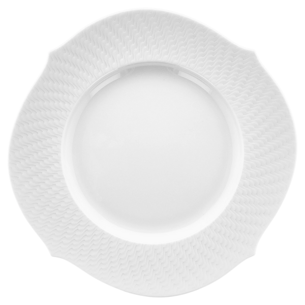 A white, round ceramic plate from the Meissen Waves Relief collection features a textured, wavy pattern on the rim that exudes modern elegance, beautifully displayed from above against a plain light background.