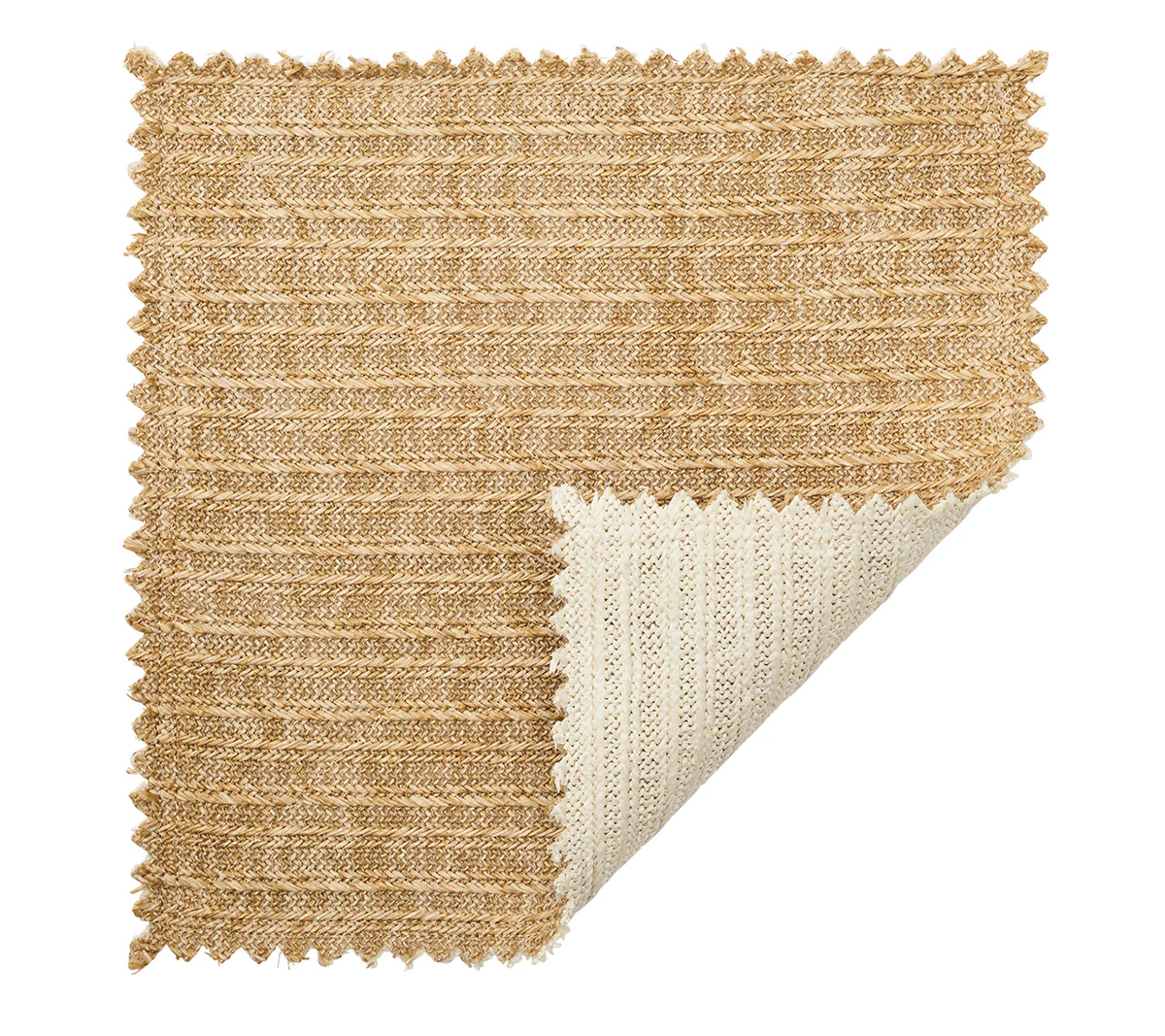 A square swatch of the Kim Seybert Vista Reversible Placemat Set of 4 in Ivory & Beige displays its textured, woven pattern and thickness, with a folded corner revealing the lighter underside and zigzag-cut edges.