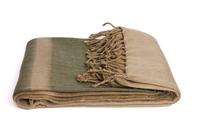 A folded, artisan-made Kallpa Alpaca Throw - Tobacco Olive & Khaki featuring striped patterns in shades of tan and olive green with a tasseled edge.