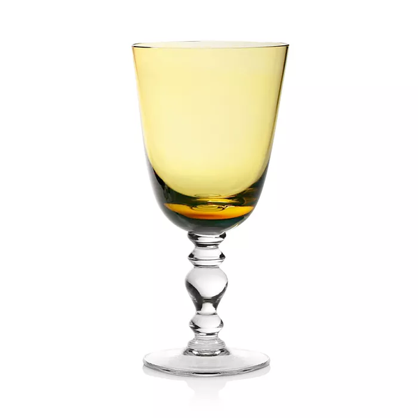 The William Yeoward Fanny Colored Country Goblet 13 oz. features a yellow-tinted, classical bowl with a clear, decorative stem and base, displayed on a white background.