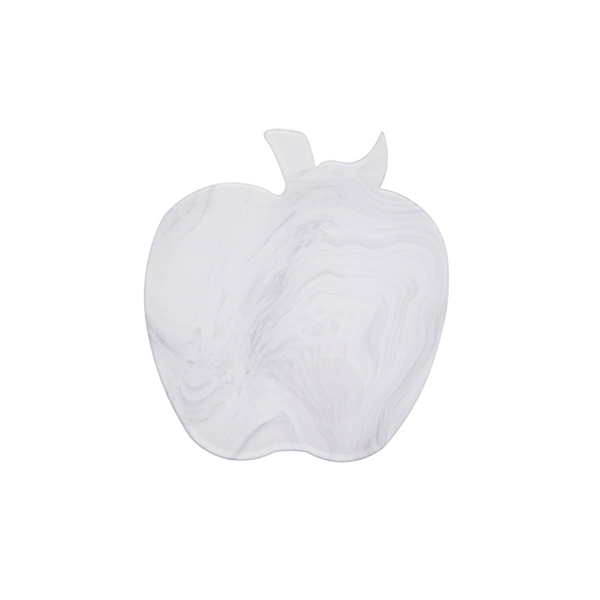 The "Roma Apple Tray" by Eye Candy features a white, marble-patterned design with a stem and leaf—ideal for Rosh Hashanah—displayed on a plain white background.