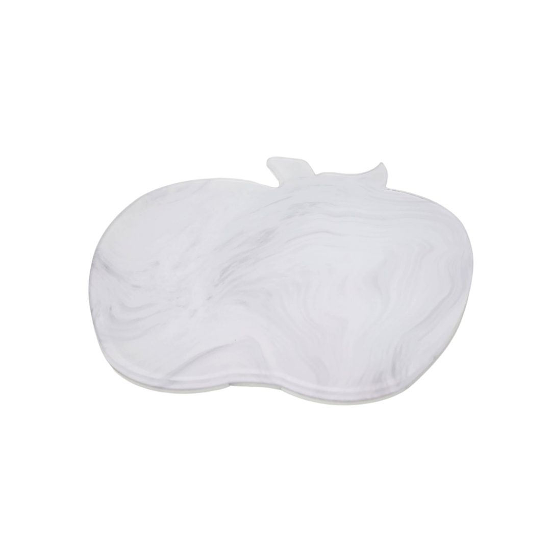 The Eye Candy Roma Apple Tray is a white, marble-patterned cutting board shaped like an apple—ideal for serving treats at Rosh Hashanah or Yom Kippur, shown here against a plain white background.