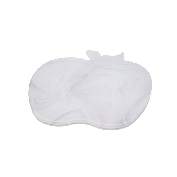 The Eye Candy Roma Apple Tray is a white, marble-patterned cutting board shaped like an apple—ideal for serving treats at Rosh Hashanah or Yom Kippur, shown here against a plain white background.