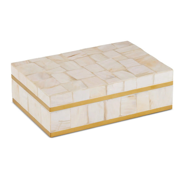 The Pinna Mother of Pearl Box by Currey & Company features a rectangular shell design with a mosaic pattern and polished brass trim, displayed on a white background.