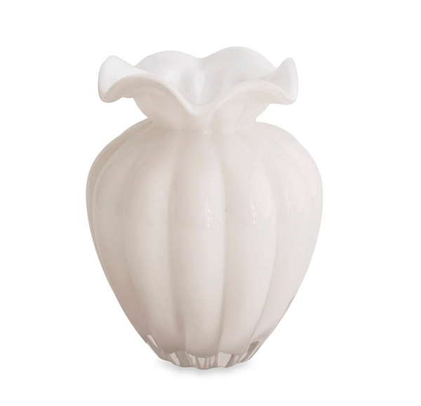 The Glass Vento Vase Cream - Medium by Beatriz Ball features a fluted, wavy rim and a rounded, scalloped body in creamy glass, offering a soft, elegant appearance.