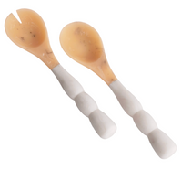 The Beatriz Ball Resin Sorbet Salad Server Set - Coconut includes two servers with white, three-section handles and beige marbled ends—one a spoon, the other a spork—ideal for stylish table settings.