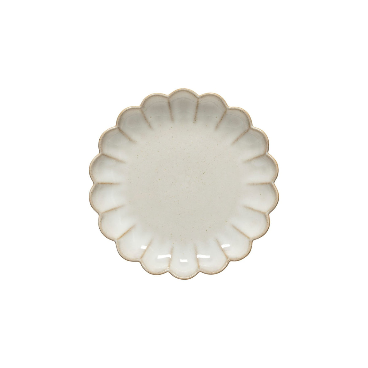 The Marrakesh Dinnerware White plate by Casafina/Costa Nova is a small, round ceramic plate with scalloped flower-like edges and a subtly speckled cream surface, reflecting Moroccan-inspired elegance. Displayed on a white background.