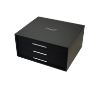 Black Christofle Silver Care Storage Chest 108 or 120 pieces - 10 Modules (sold empty) with three drawers, silver handles, and a brand logo on the top lid.