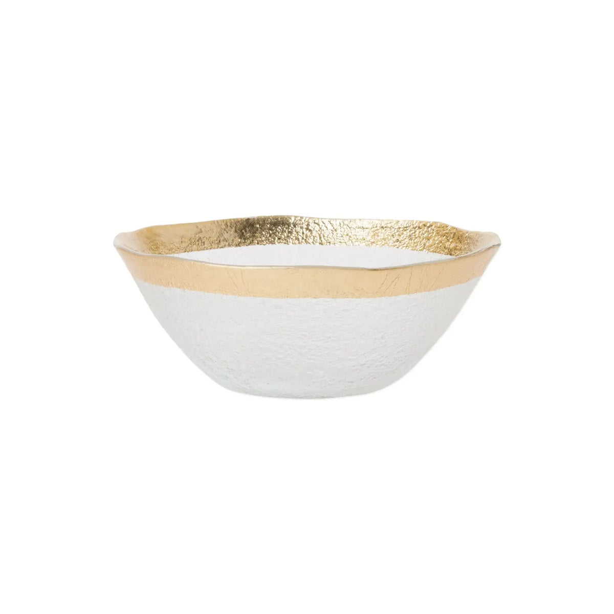 The Vietri Rufolo Glass Organic Bowl - Small features a textured white design, a metallic gold rim, and a gently wavy edge, displayed against a plain white background.