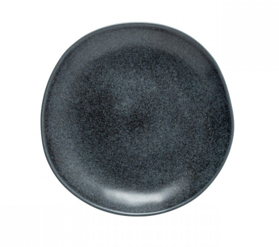 The Livia Dinnerware Matte Black by Casafina/Costa Nova is a large, round ceramic plate with an organic shape and smooth matte finish, crafted in Portugal and shown from above on a white background.