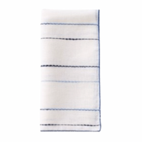 The Bodrum Porto Napkin Navy & Periwinkle Set of 4 features lightweight linen-blend napkins with thin blue and black horizontal stripes, neatly folded and displayed on a plain white background.