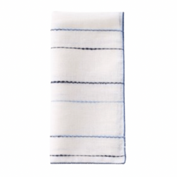 The Bodrum Porto Napkin Navy & Periwinkle Set of 4 features lightweight linen-blend napkins with thin blue and black horizontal stripes, neatly folded and displayed on a plain white background.