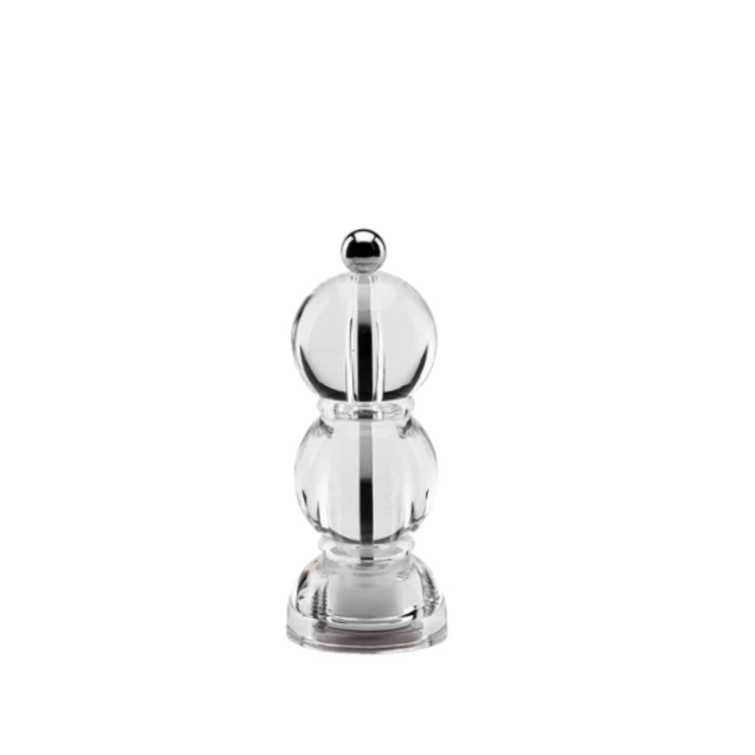 The Addison Ross Mini Bobbin Salt & Pepper Shaker features a clear acrylic body with a round top, spherical midsection, silver knob, and durable ceramic grinder mill, shown against a white background.