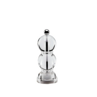 The Addison Ross Mini Bobbin Salt & Pepper Shaker features a clear acrylic body with a round top, spherical midsection, silver knob, and durable ceramic grinder mill, shown against a white background.