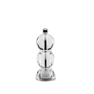 The Addison Ross Mini Bobbin Salt & Pepper Shaker features a clear acrylic body with a round top, spherical midsection, silver knob, and durable ceramic grinder mill, shown against a white background.
