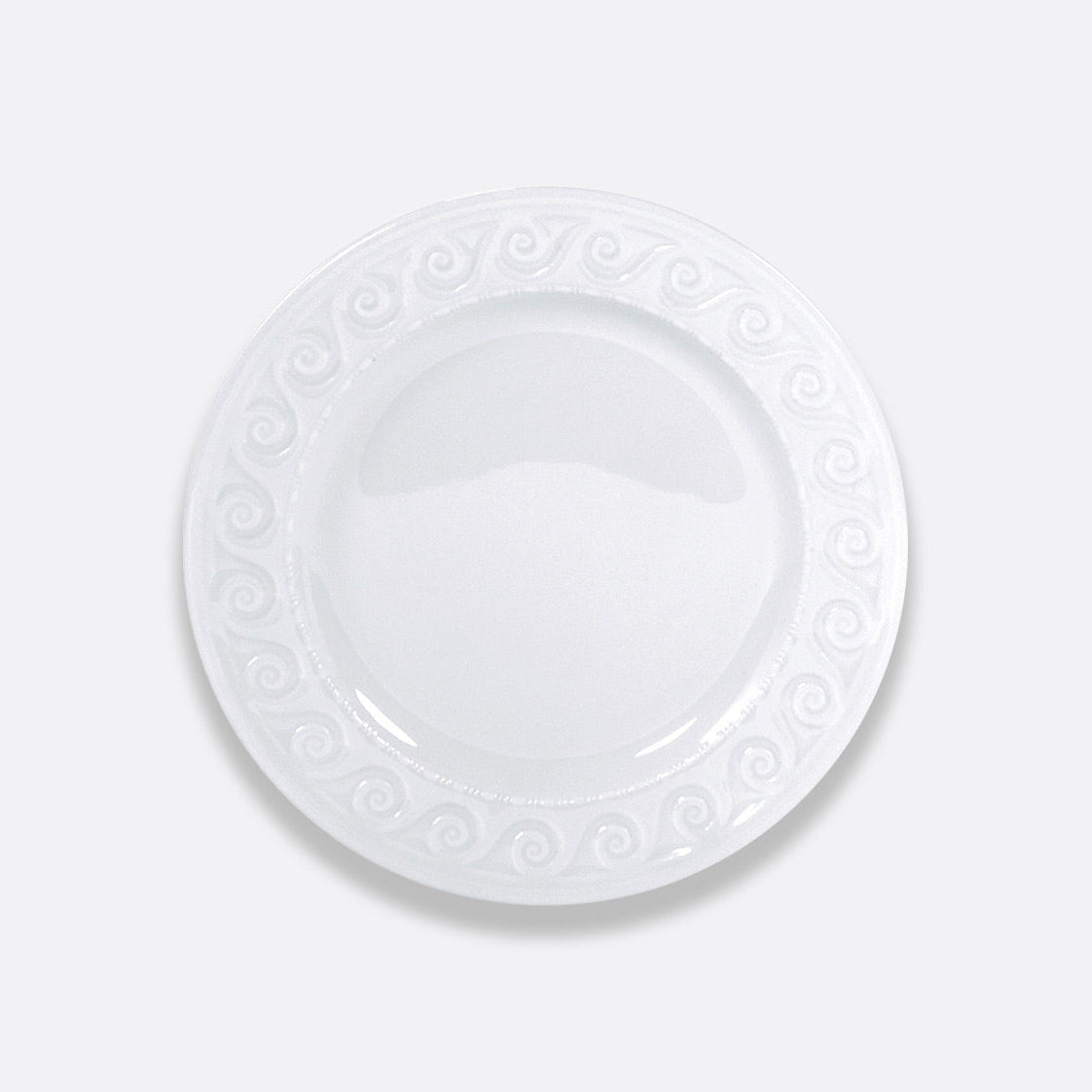 The Bernardaud Louvre Dinnerware ceramic plate features a glossy finish and a decorative swirl pattern around the rim, shown from above on a light gray background.