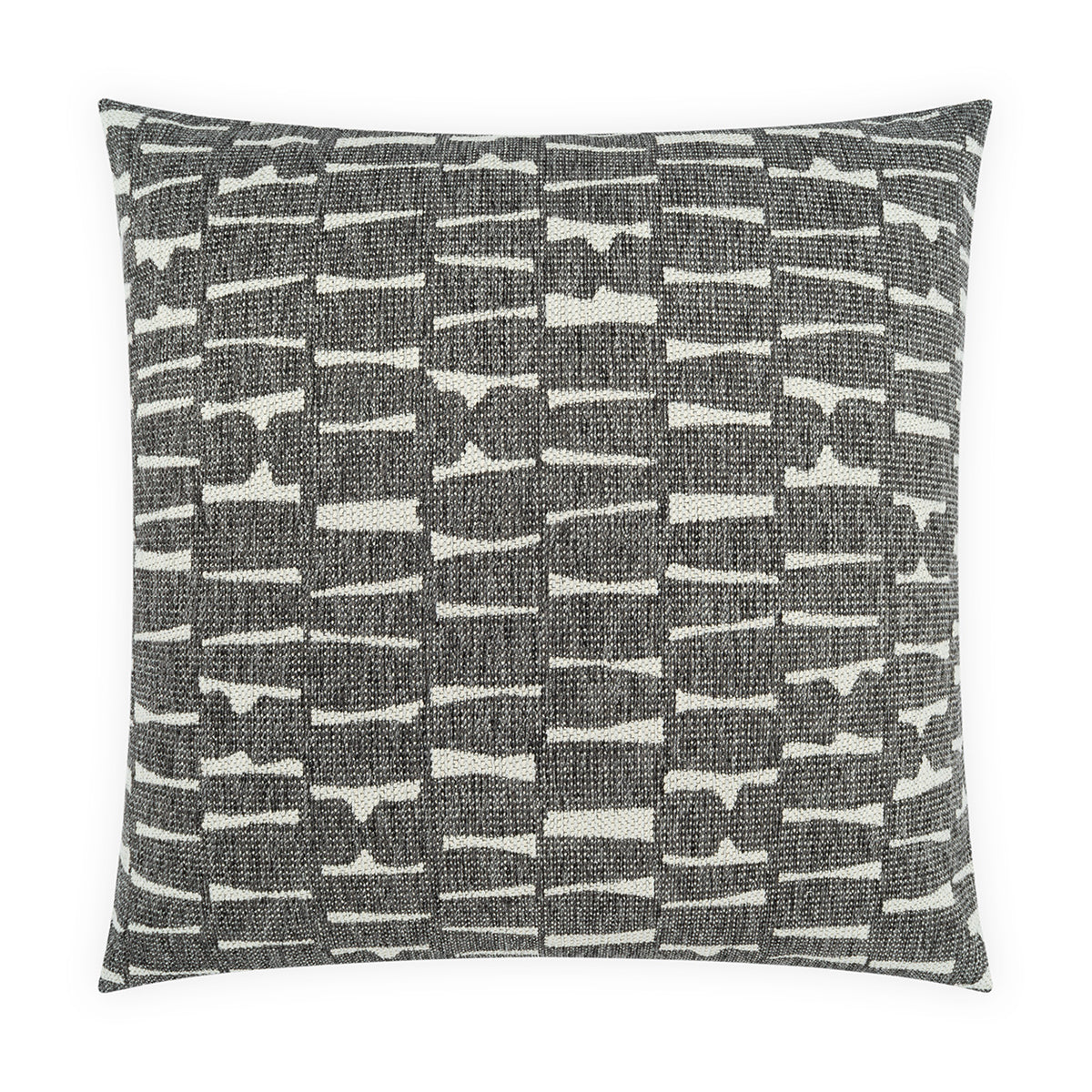 The D.V. KAP / Canaan Company Outdoor Pillow Latrobe Domino 22 x 22 features a black and white woven cover with an abstract geometric pattern, adding modern style to both outdoor spaces and chic indoor decor.