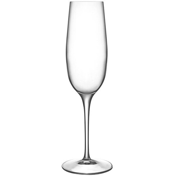 The Luigi Bormioli Palace Flute Set of 6 features clear, lead-free crystal champagne flutes with long stems and round bases, displayed against a plain white background.