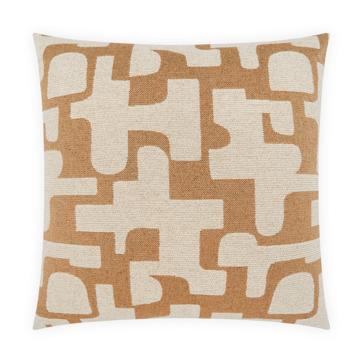 The Outdoor Pillow Obtain Sienna 22 x 22 by D.V. KAP / Canaan Company features a beige and tan abstract geometric pattern on weather-resistant fabric—ideal for adding modern style to your patio decor.