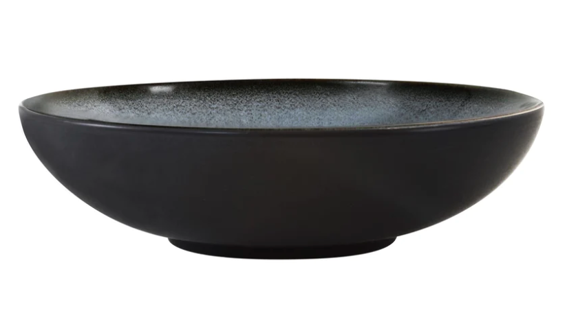 Expertly handmade in France, the Tourron Ecorce Dinnerware Bleu & Grey by Jars - Rosenthal features a shallow, round stoneware bowl with a matte exterior and glossy, slightly textured interior for durable elegance.