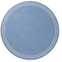 The Bodrum Pearls Round Placemat Set of 4 in Iceberg & White features light blue, phthalate-free vinyl placemats with a textured finish and a border of small white dots for an elegant table setting.