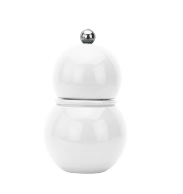 The Addison Ross Chubbie Bobbin Salt or Pepper Shaker features a glossy white, round double-gourd design with a metallic ball top, displayed against a plain white background.