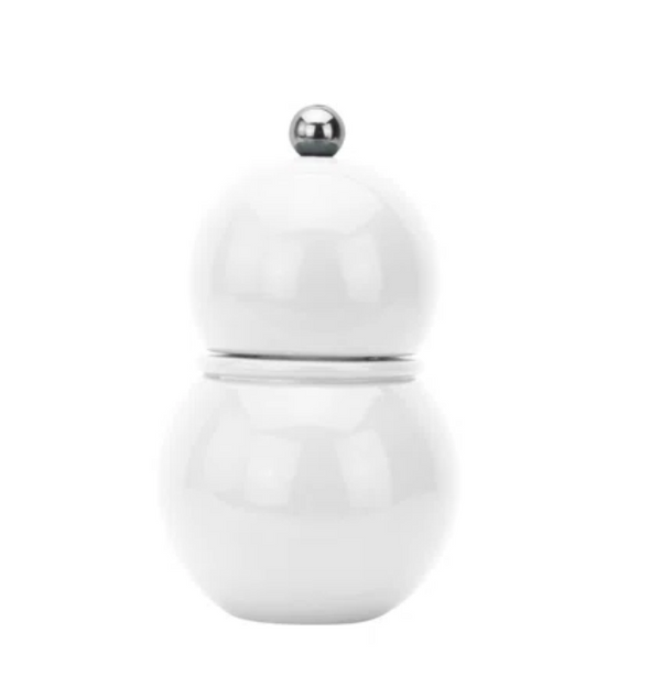 The Addison Ross Chubbie Bobbin Salt or Pepper Shaker features a glossy white, round double-gourd design with a metallic ball top, displayed against a plain white background.