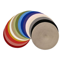 A fan-shaped display of Deborah Rhodes Linen Braid 15" Placemat Set of 4—solid colors in beige, black, pink, blue, green, yellow, orange, and red—crafted from durable nylon braid on a white background.