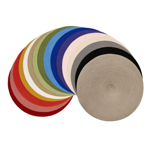 A fan-shaped display of Deborah Rhodes Linen Braid 15" Placemat Set of 4—solid colors in beige, black, pink, blue, green, yellow, orange, and red—crafted from durable nylon braid on a white background.