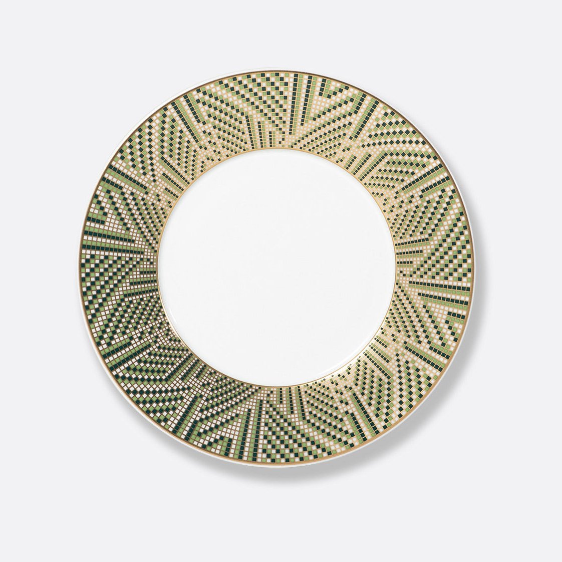 The Augusta Dinnerware plate by Bernardaud is round Limoges porcelain with a wide rim, showcasing an Art Deco geometric pattern in green, black, and gold, a plain white center, and a metallic gold edge.