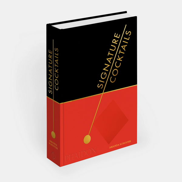 The Signature Cocktails Book by Phaidon/Hachette features a stylish black and red hardcover design with gold accents and explores mixology and unique cocktail recipes.