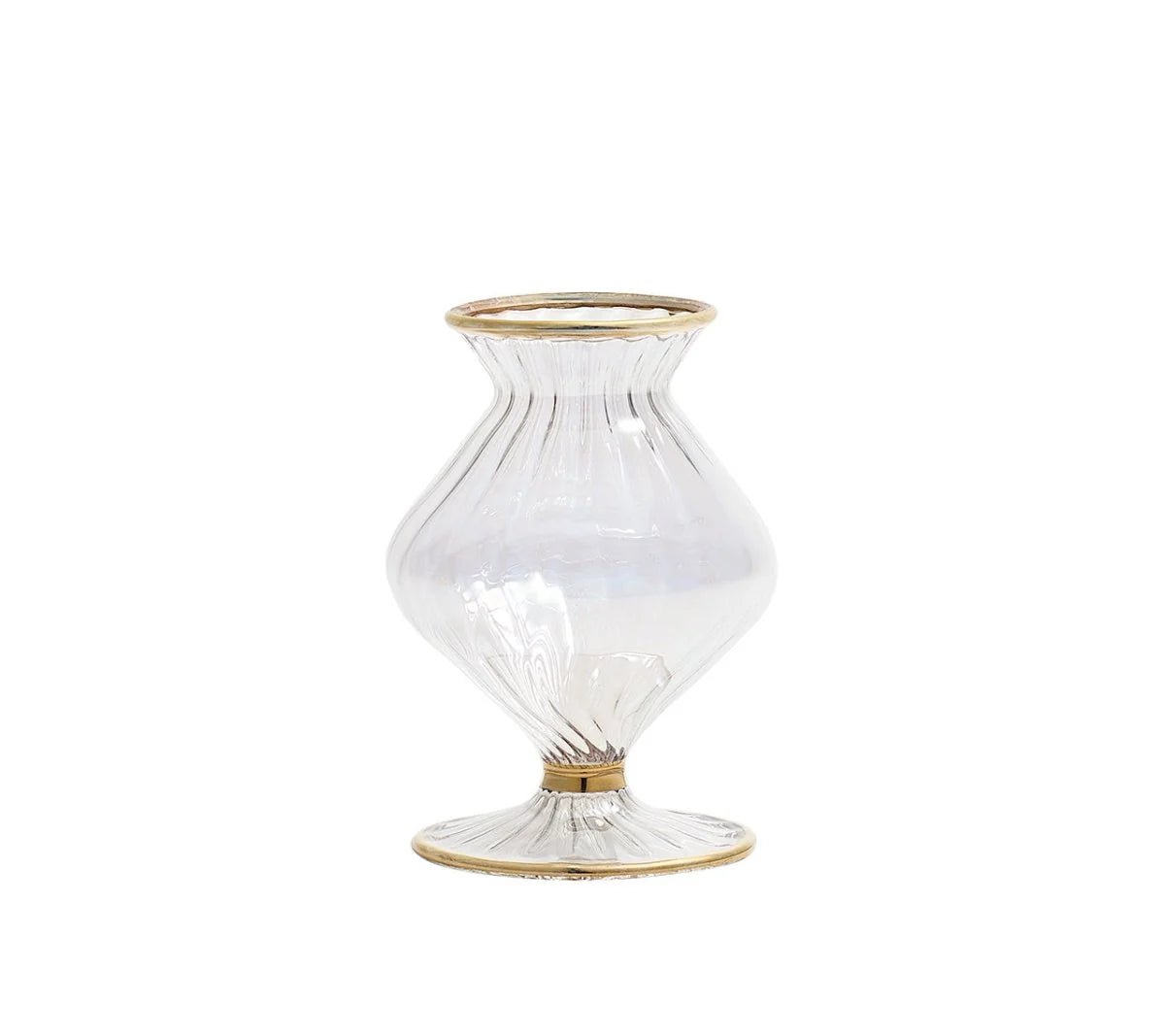 The Kim Seybert Scallop Bud Vase - Clear is a mouth-blown glass vase featuring a fluted, bulbous silhouette and a wide opening, accented with elegant 18K gold detailing on the rim, base, and middle. Inspired by the classic Scallop Bud Vase design, it is finished with a flat, round base for enhanced stability.