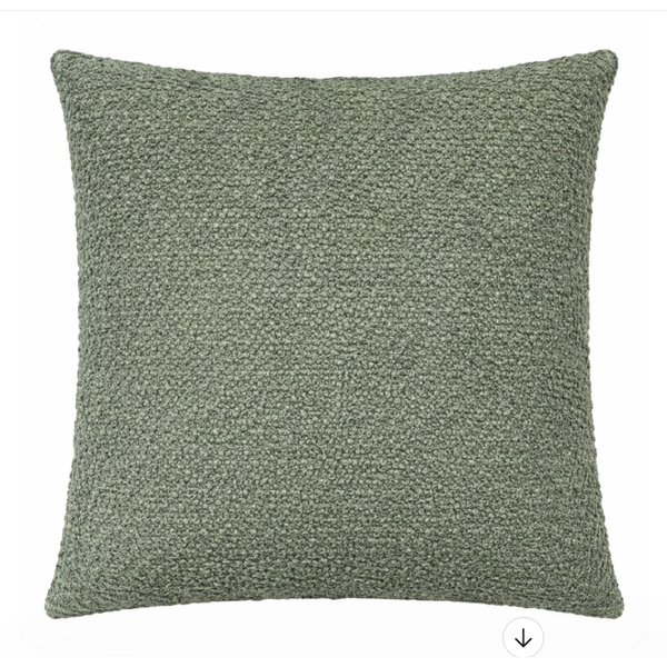 The Decor Fifty-Five Angelina Pillow Forest is a square, boucle-textured green accent pillow with a curly surface, shown against a plain white background.