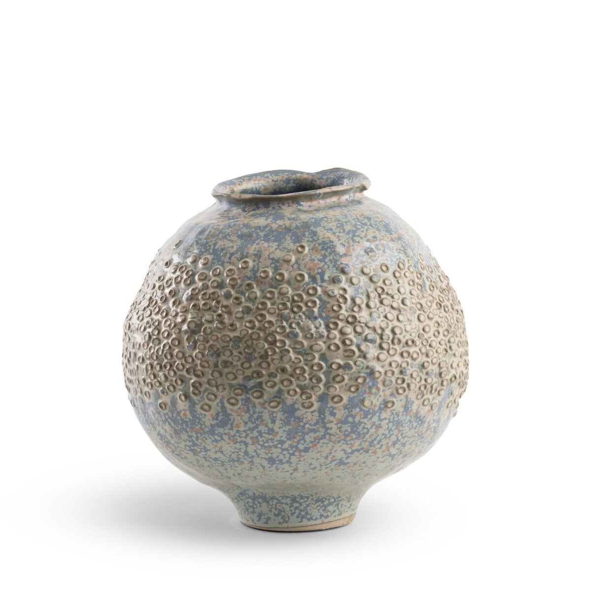 The Briar Light Blue Vase by FlowDecor Inc. features a round shape, textured relief dots, and a narrow uneven opening with a unique speckled light blue and beige glaze.