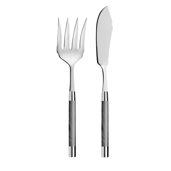 The Capdeco Conty Fish Server Set Grey, featuring a stainless steel serving fork and knife with matching silver and marble-patterned handles, is displayed side by side on a white background.