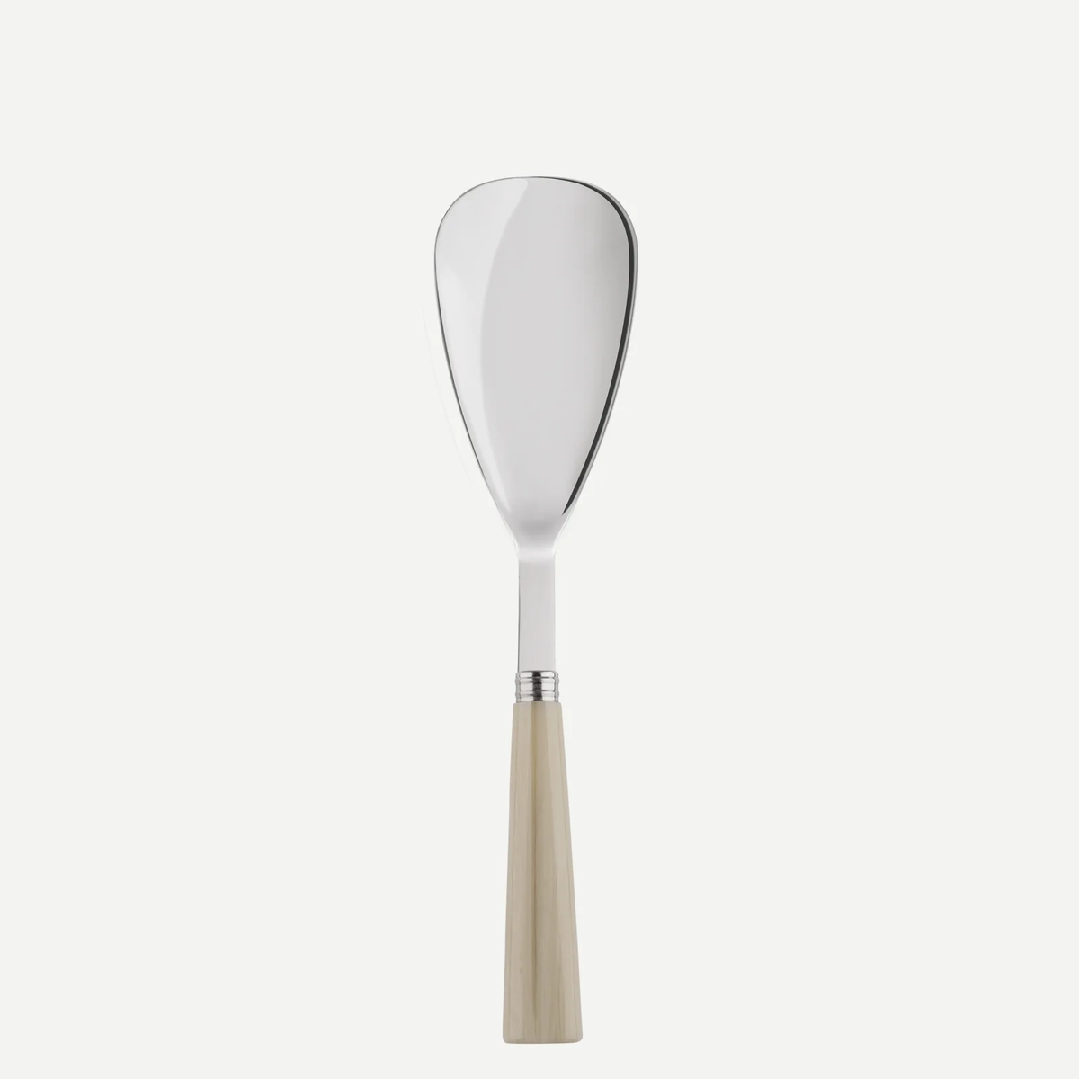 The Sabre Nature Rice Spoon features a wide, rounded stainless steel blade and a lightweight wooden handle, perfectly complementing matching flatware, shown against a plain white background.