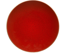 The Tourron Dinnerware Cerise plate by Jars - Rosenthal features a vibrant red, crackled center, a thin light brown rim, and a mosaic-like ceramic texture. The round plate is photographed from above against a white background.
