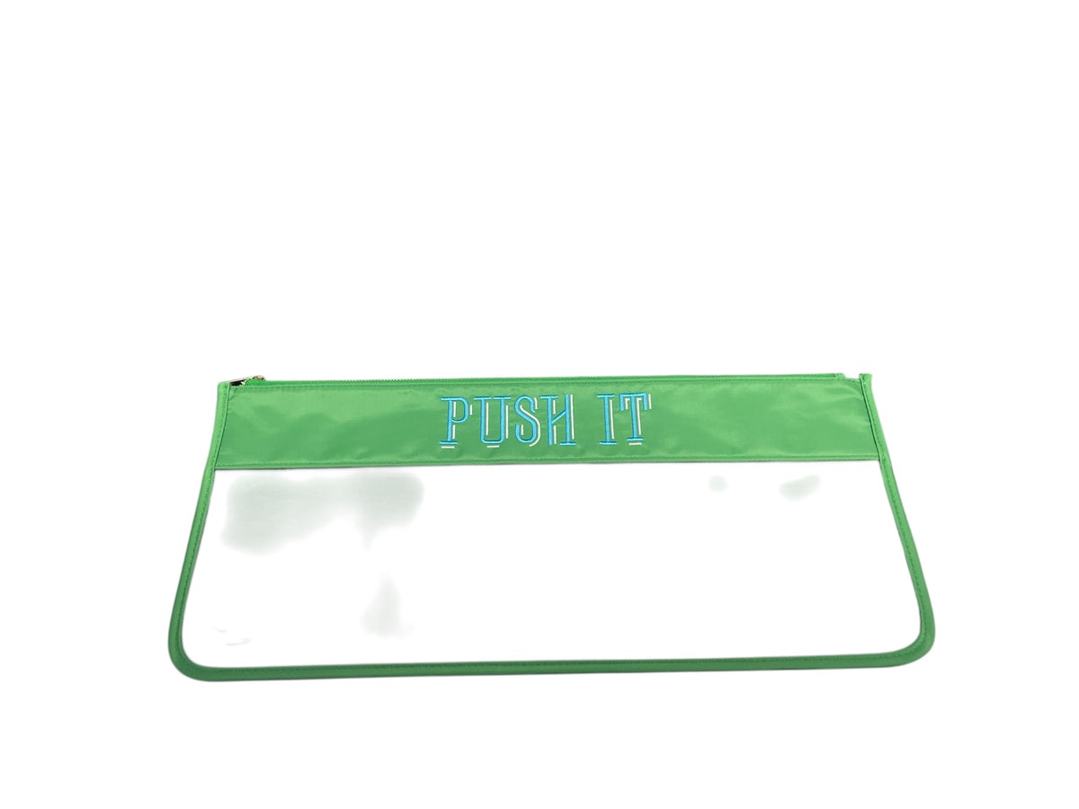 The Oh My Mahjong Mahjong Tile Bag features a green top with "PUSH IT" in blue and white, plus a clear lower section for easy tile visibility.