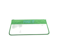 The Oh My Mahjong Mahjong Tile Bag features a green top with "PUSH IT" in blue and white, plus a clear lower section for easy tile visibility.