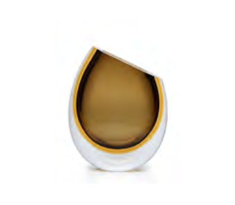 The Vase 96 - Black Amber by Gardeco is a glass sculpture with a teardrop shape, a slanted top, and an amber gradient interior surrounded by a clear layer.