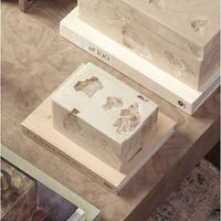 Two beige books rest on a wooden table, each topped with the Jamie Young Stone Bookends Pearl Set of 2—rectangular, cream-toned decorative bookends featuring natural, translucent inclusions for an understated and tranquil display.