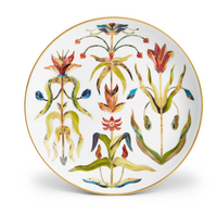 L’Objet Grand Tour Dinnerware white porcelain plate with 24k gold accents and a symmetrical, colorful floral pattern, handcrafted in Portugal.