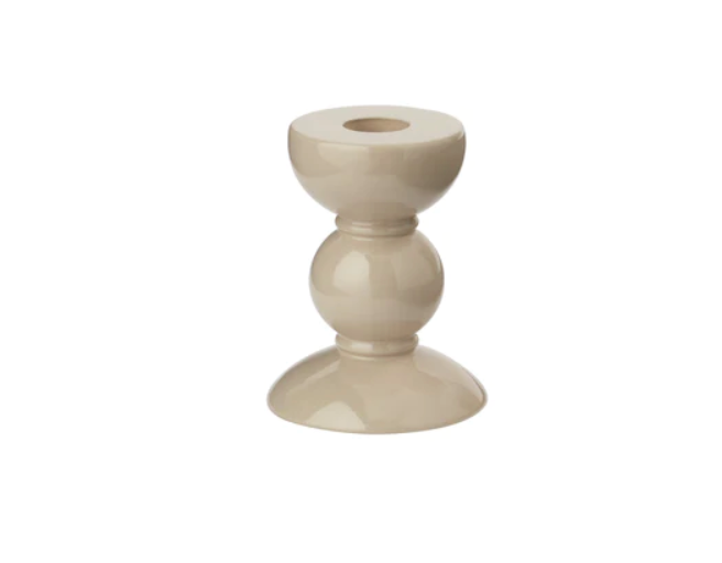 The Addison Ross Bobbin Cappuccino Candlestick is a beige, glossy ceramic holder with a round base, spherical center, and flared top, inspired by bobbin candlesticks and photographed against a white background.